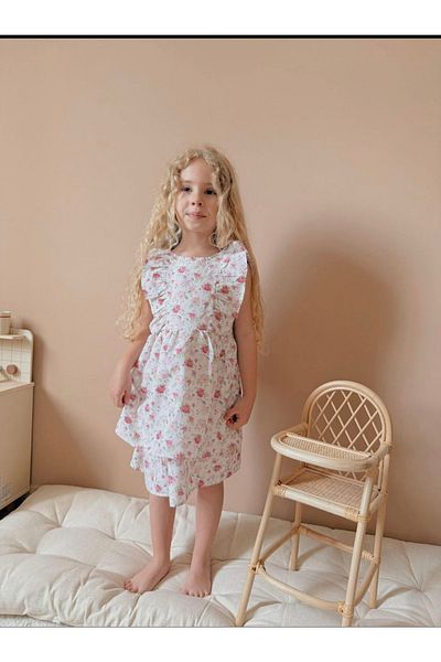 Patriko Girl's Back Ribbon Detail Decolleté Pink Flower Patterned Stylish Dress