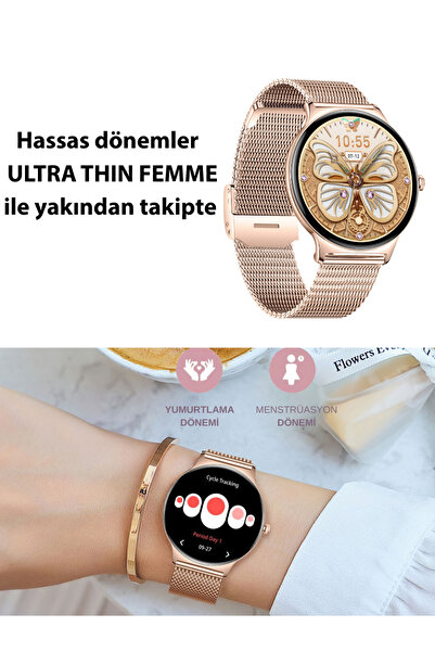 LOGIA Ultra Thin Femme Akıllı Saat Yuvarlak Çelik Kasa Metal Kordon Gold