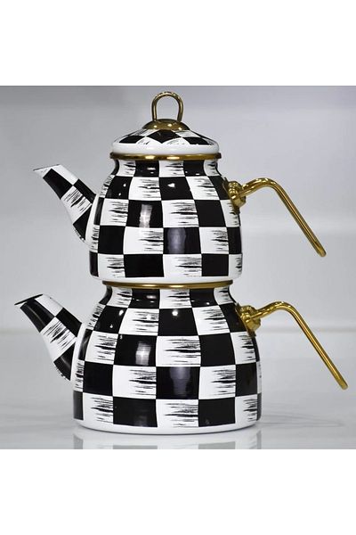 Pembelia Life Checkerboard Patterned Enamel Teapot Set Teapot Set