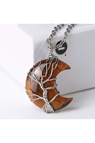 animis beauty Pandantiv Ochi de Tigru tip Luna cu montura Pomul Vietii, din p...