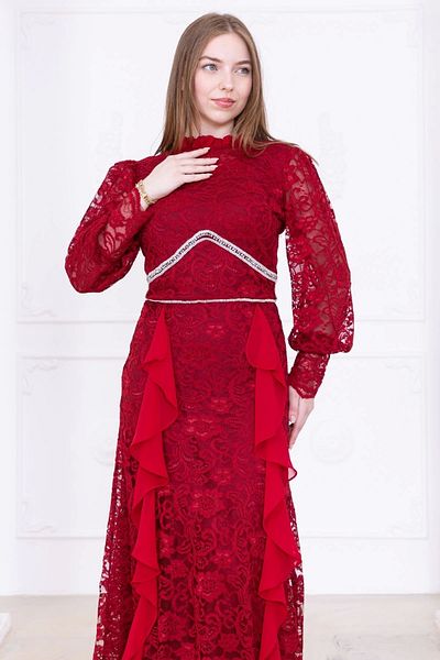lodmela Ruffle and Stone Detailed Lace Evening Dress 2757-Burgundy