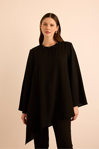 Aker Yakası Boncuk İşlemeli Asimetrik Tunik