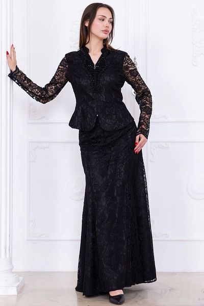 lodmela V-Neck Embroidery Detailed Lace Double Suit 4717-Black