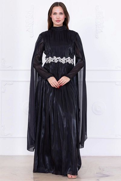 lodmela Evening Dress with Stone and Cape Detail 2753-Black