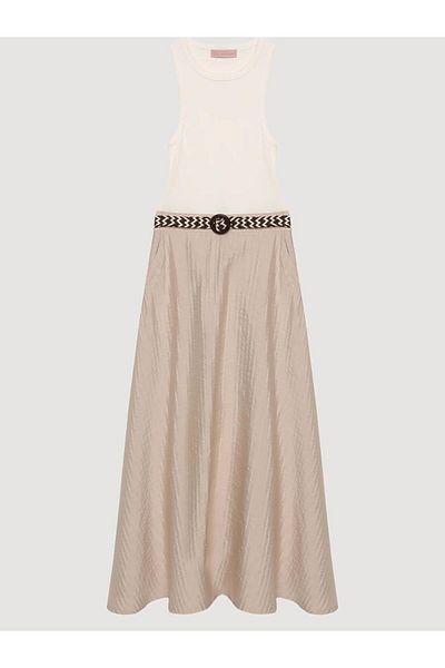 Coral Knitted Belted Sleeveless Dress Beige