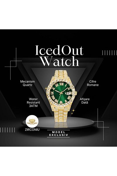 OEM Iced Out watch, zirconia, unisex, accessory for adjustment, Gold-Green