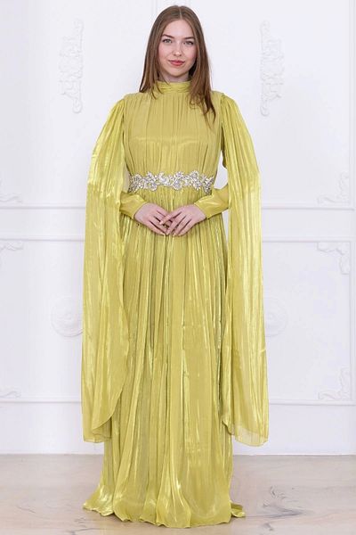 lodmela Stone and Cape Detail Evening Dress 2753-Olive
