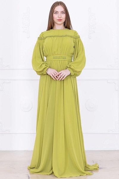 lodmela Embroidered Evening Dress with Gathered and Tie Detail 2761-Pistachio Green