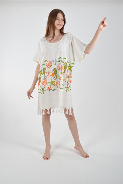CASPARA Sea Horse Pattern Sleeves Bell Dress I Cotton Orange Viscon Fabric I Beach Clothing Pareo Beachwear