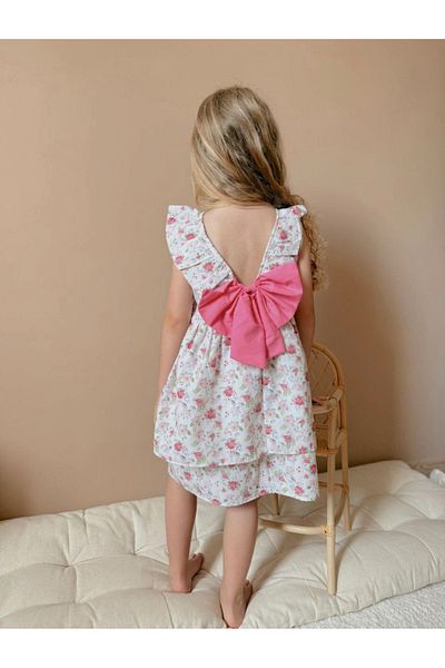 Patriko Girl's Back Ribbon Detail Decolleté Pink Flower Patterned Stylish Dress