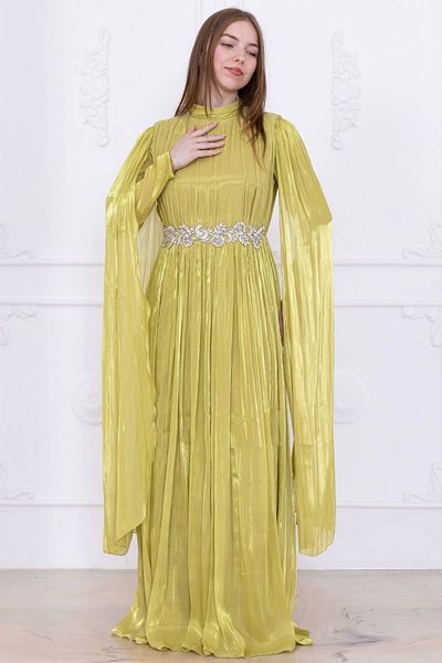 lodmela Stone and Cape Detail Evening Dress 2753-Olive