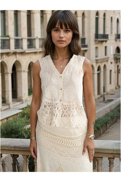 Coral Buttoned Lace Vest Ecru