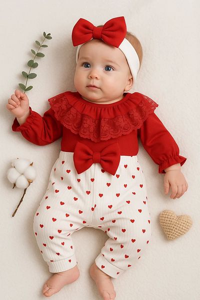 candar Lace Collar Baby Girl Romper Red