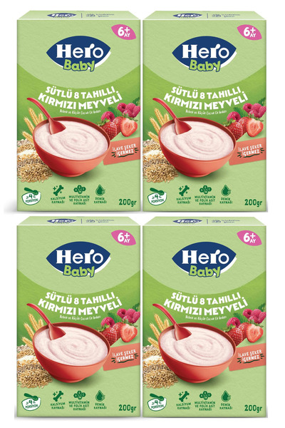 Hero Baby Sütlü Kırmızı Meyveli 8 Tahıllı Kaşık Mama 200GR 4`lü Avantaj Paket...