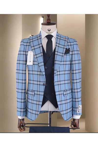 marco mılano Men's Suit, Blue with Black and Beige Checks, Slim Fit, Waist1