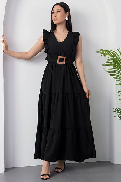 PULLIMM V-Neck Buckle Belt Dress Dks1296