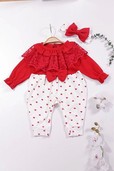 candar Lace Collar Baby Girl Romper Red