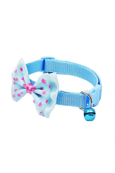 Ropet Zgarda ajustabila cu clopotel si fundita pentru caini, 27-42cm/15mm, Albastru deschis, Ropet