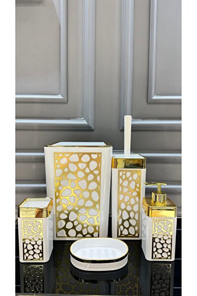 Vakıf home Akrilik 5 Parça Kare Model Beyaz Banyo Seti Gold Fırçalık Sabunluk