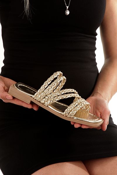 ARTI ARTI AYAKKABI Mia026-1606 Daily Women's Hand Knitted Gold Holiday Slippers