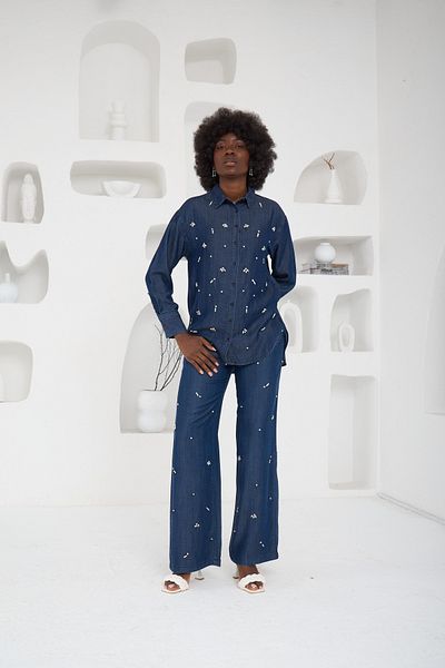 MİA NOURA Women's Front Beaded Pants Front Beaded Denim Jeans Set