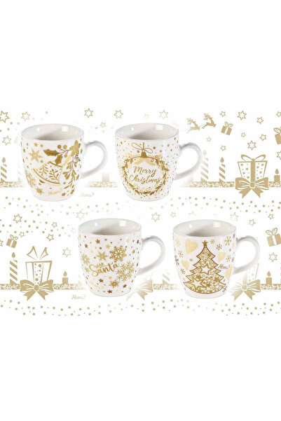 Decorer Σετ 4 cani portelan alb auriu Craciun 5,5x6 cm, 80 ml