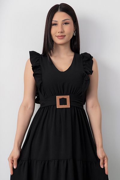 PULLIMM V-Neck Buckle Belt Dress Dks1296