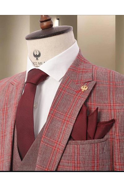 marco mılano Men's Suit, 3 Pieces, Slim Fit, Checkered, Waist 1