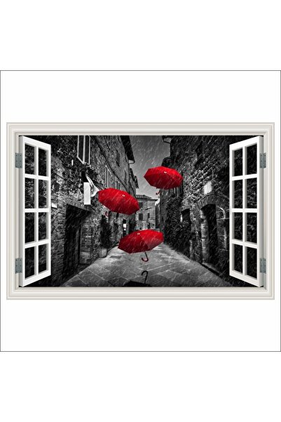 media Fototapet Fereastra Strada din Toscana, umbrele rosii, alb-negru, 250 x...