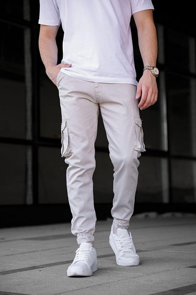 Pobudo Gabardine Fabric Stone Color Men's Trousers with Cargo Pockets
