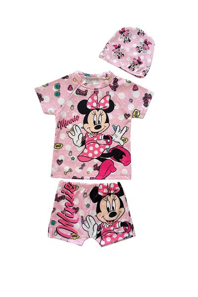 Şekerkids Girl's Pink Color Character Patterned T-Shirt Shorts and Checkered Swimsuit Set