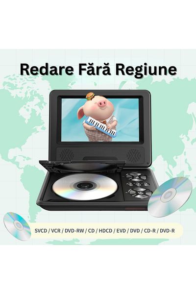 Velixo Portable DVD Player 7.5" HD, 270° rotatable, Remote, USB/SD/CD/AV, Car Charger, 800x488 resolution
