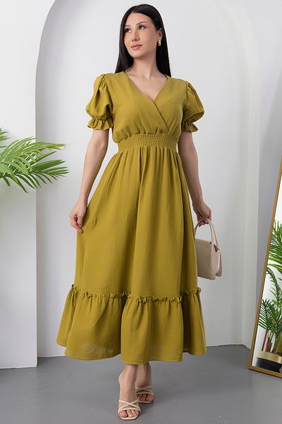 PULLIMM Double Breasted Collar Waist Gipeli Short Sleeve Dress Dks1292