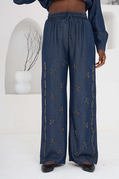 MİA NOURA Women's Denim Tansel Fabric Front Beaded Pants