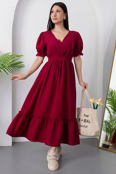 PULLIMM Double Breasted Collar Waist Gipeli Short Sleeve Dress Dks1292