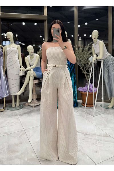 missswans Mirray Strapless Belted Striped Linen Jumpsuit Stone