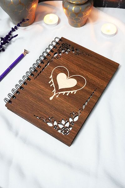 markcat Heart Wooden Cover Notebook - Unlined Notebook - 60 Sheets (120 Pages) - A5 15X21 cm