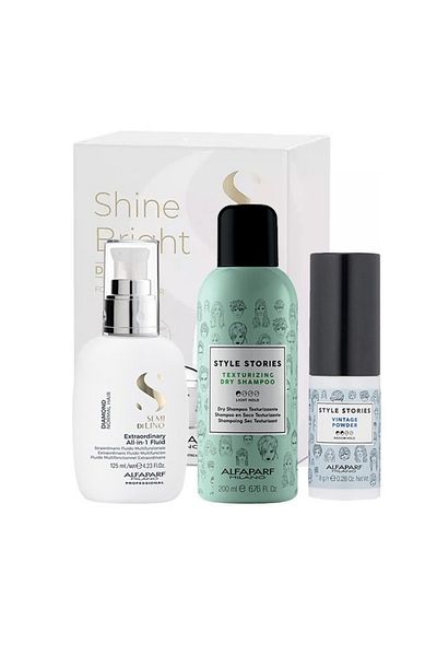 Alfaparf Milano Set Fluid Strălucitor Diamant, Șampon Uscat Style Stories 200ml, Pudră Style Stories 8g