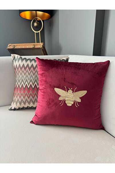 ref crea Bee Embroidered Throw Pillow Case Burgundy