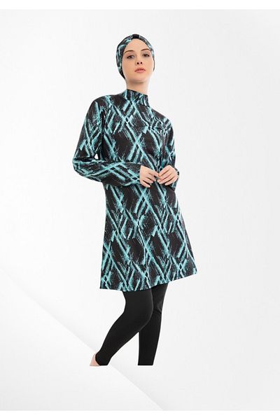 Pajama Shop Women's Black Green Pattern Oversized Full Covered Quick Dry Tight Weaving Long Sleeve Tights with Belted Swimsuit