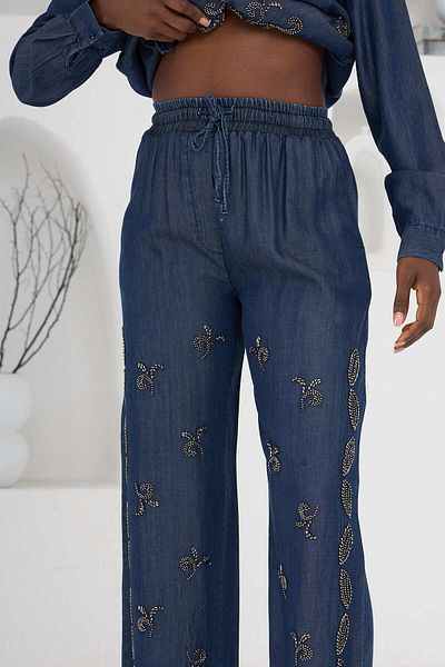 MİA NOURA Women's Denim Tansel Fabric Front Beaded Pants