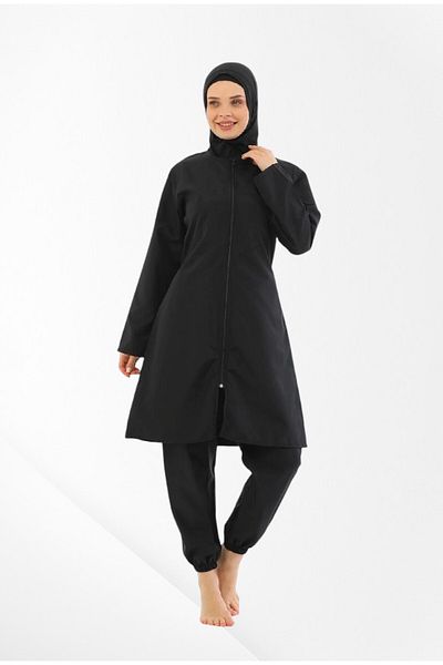 Pajama Shop Women's Black Full Covered Front Zipper Quick Dry Dense Woven Fabric Long Sleeve Checkered Swimsuit
