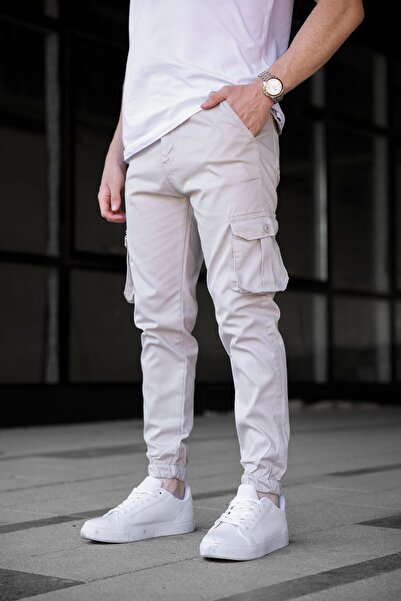 Pobudo Gabardine Fabric Stone Color Men's Trousers with Cargo Pockets