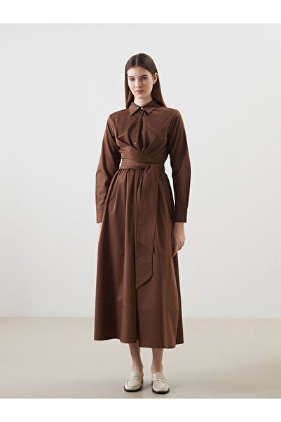 LC Waikiki Lcw Modest Brown Shirt Collar Poplin Dress