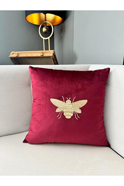 ref crea Bee Embroidered Throw Pillow Case Burgundy