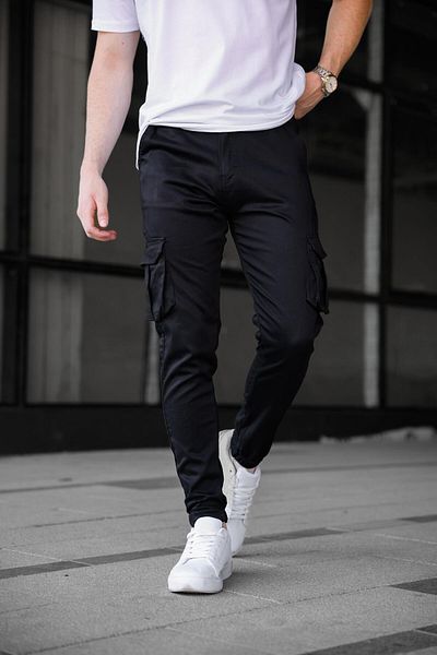 Pobudo Cargo Pocket Gabardine Fabric Black Color Men's Trousers