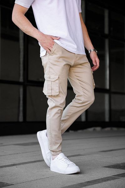 Pobudo Cargo Pocket Gabardine Fabric Beige Color Men's Trousers