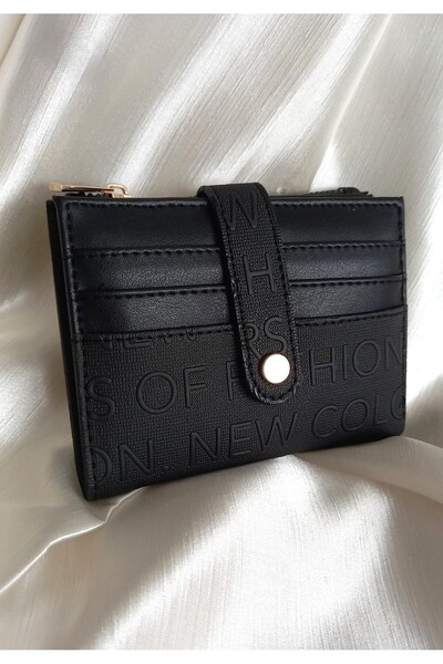 MODA Black Text Patterned Women's Wallet - Card Holder, Snap Closure, Faux Leather