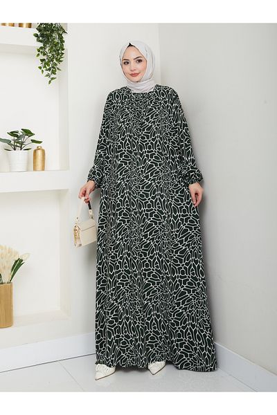 Nevayla Moda Patterned Front Gathered Viscose Dress - Khaki / E0131
