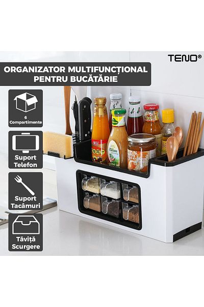Teno Organizator Multifunctional pentru Bucatarie Teno®, 6 Compartimente, raft condimente, alb